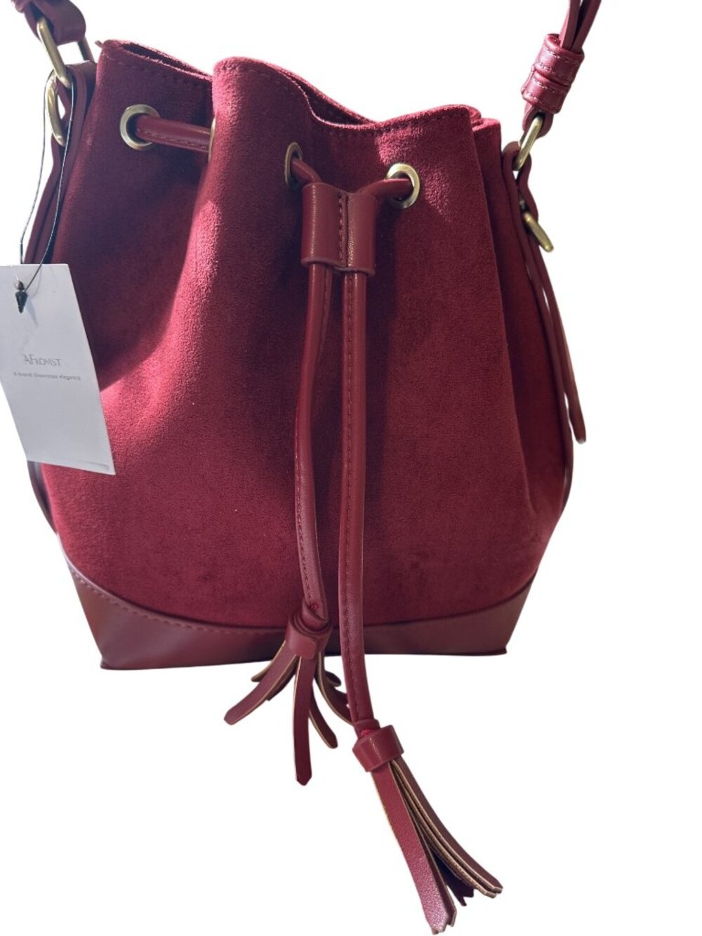 Burgundy Suede Leather Bucket Bag With Tassel Drawstring & Adjustable Strap - Picture 3 of 8